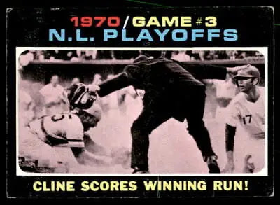 1970 NL Playoffs baseball card Featuring Cline scores winning run in Game 3