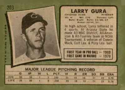 Vintage Larry Gura baseball card from 1971 Topps #203 featuring Chicago Cubs memorabilia