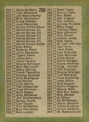Baseball card checklist image featuring 1971 Topps #206 with card number centered and numbered 264-393