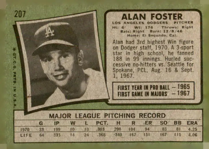 Vintage Alan Foster baseball card from 1971 Topps featuring Los Angeles Dodgers player