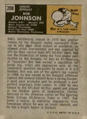 Vintage Bob Johnson football card from 1971 Topps #208 featuring Cincinnati Bengals player