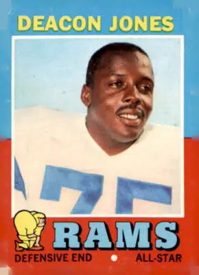 Deacon Jones football card from 1971 Topps #209 featuring Los Angeles Rams linebacker