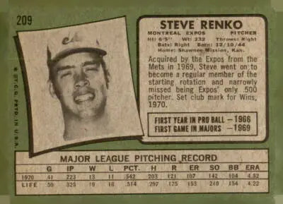 Vintage 1971 Topps Steve Renko trading card featuring Montreal Expos player
