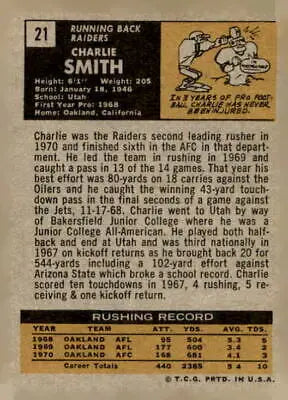 Vintage Charlie Smith football card from 1971 Topps #21 displaying a Smith football card