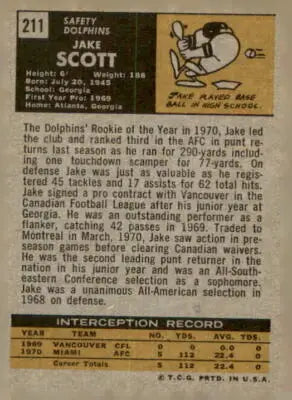 Vintage Jake Scott football trading card from 1971 Topps #211 in NM-MT condition