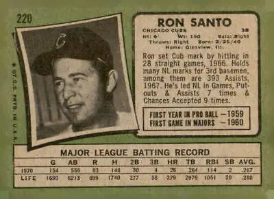 Ron Santo Chicago Cubs baseball card from 1971 Topps #220, vintage collectible