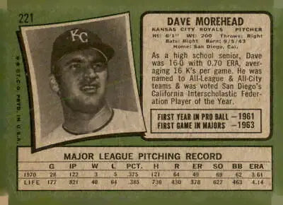 Vintage baseball card of Dave Morehead from 1971 Topps series featuring Kansas City Royals