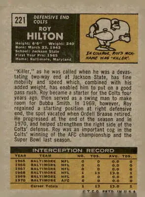 1971 Topps Roy Hilton football trading card featuring Baltimore Colts player