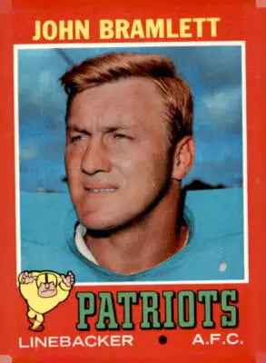 1971 Topps John Bramlett football trading card featuring England Patriots player