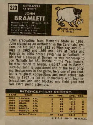 Vintage football card back featuring John Bramlett from 1971 Topps #223 England Patriots trading card