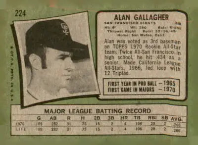 Vintage 1971 Topps Alan Gallagher San Francisco Giants baseball card VG-EX