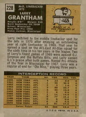 Vintage 1971 Topps Larry Grantham football card back featuring classic Grantham football details