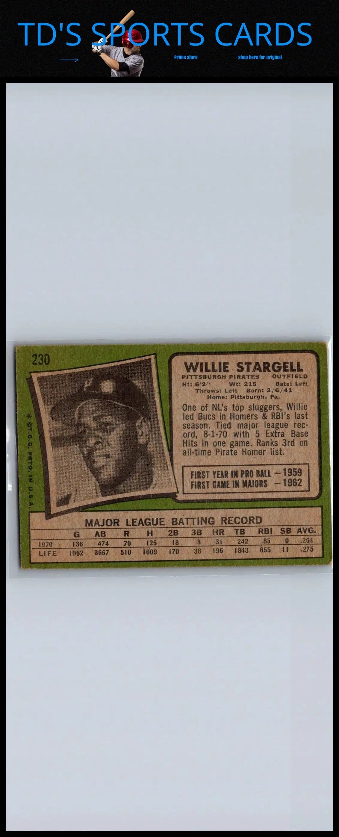 Vintage Willie Stargell trading card from the 1971 Topps #230 baseball cards collection