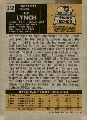 Vintage Jim Lynch football card from 1971 Topps featuring Jim Lynch of the Kansas City Chiefs