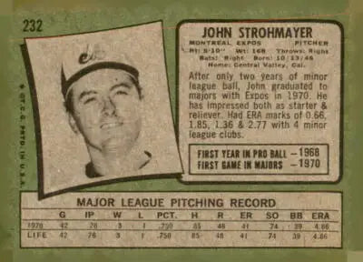 Vintage 1971 Topps John Strohmayer baseball card featuring player profile