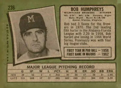 Vintage 1971 Topps Bob Humphreys sports trading card for collectors