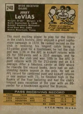 Vintage Jerry LeVias football card from 1971 Topps #240 showcasing Levias football card