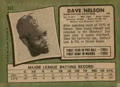 Vintage 1971 Topps Dave Nelson baseball card, collectible Nelson baseball card image