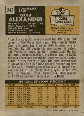 Kermit Alexander 1971 Topps football card featuring Los Angeles Rams player