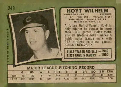 Vintage Hoyt Wilhelm baseball card from 1971 Topps #248, perfect for sports trading collectors