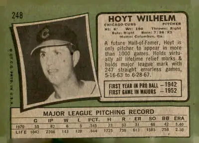 Vintage Hoyt Wilhelm baseball trading card from 1971 Topps #248 sports trading card