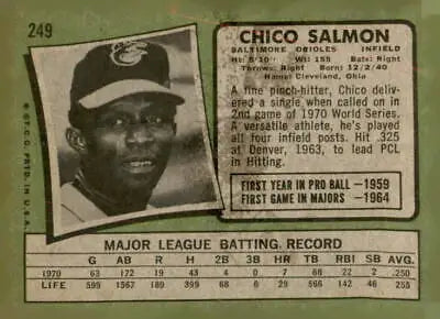 Vintage baseball card featuring Chico Salmon of the Baltimore Orioles from 1971 Topps