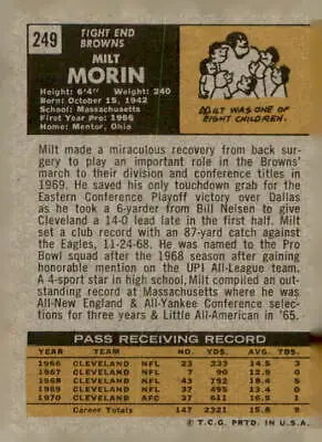 Vintage football card back featuring Milt Morin from the 1971 Topps #249 collection
