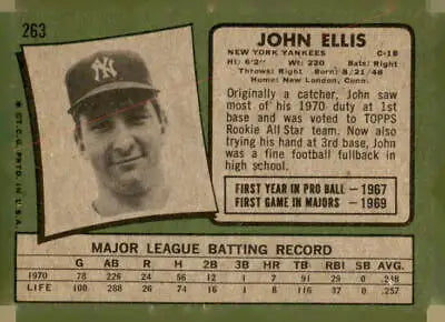 Vintage 1971 Topps John Ellis baseball card featuring John Ellis player portrait