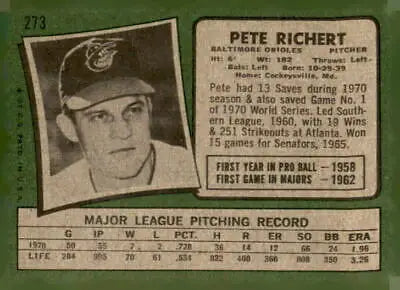 Vintage Pete Richert baseball card from 1971 Topps #273 showcasing Richert baseball card