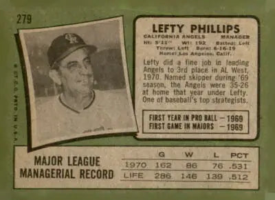 1971 Topps Lefty Phillips baseball card trading card displayed in sports trading card collection