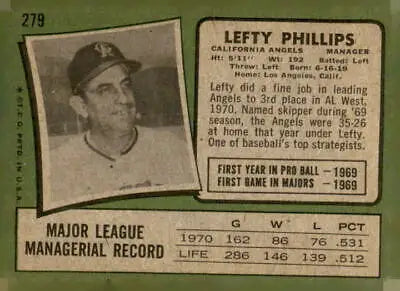 Vintage 1971 Topps Lefty Phillips baseball card showcasing Lefty Phillips baseball memorabilia