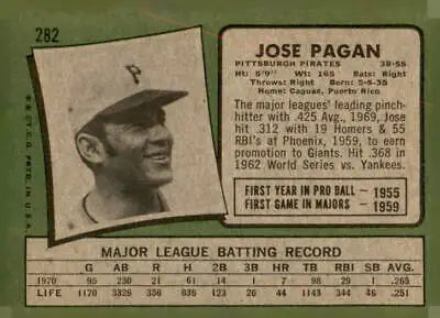 Vintage Jose Pagan baseball card from 1971 Topps #282 Pittsburgh Pirates collectible