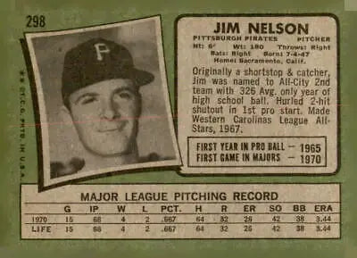 Vintage Jim Nelson baseball card from 1971 Topps #298, a rare Nelson baseball card