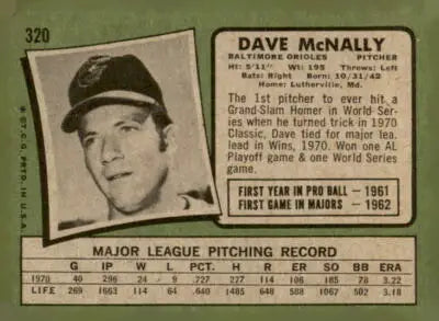 Vintage 1971 Topps Dave McNally baseball card featuring iconic McNally baseball memorabilia