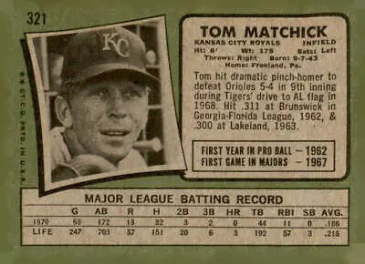 Vintage Baseball Card of Tom Matchick from 1971 Topps #321 Sports Trading Collection