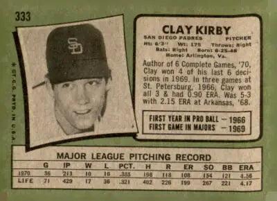 Vintage 1971 Topps Clay Kirby trading card featuring San Diego Padres player
