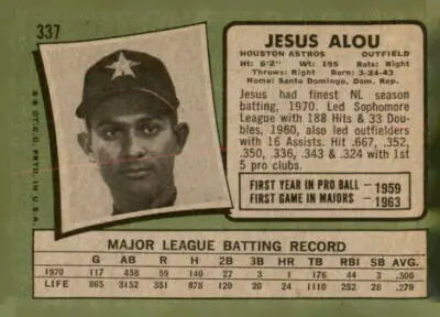 Vintage Jesus Alou baseball card from 1971 Topps #337 Houston Astros player collectible