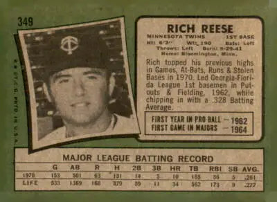 Vintage 1971 Topps Rich Reese baseball card featuring Rich Reese and classic design