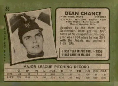 Vintage Dean Chance baseball card from 1971 Topps #36 featuring Dean Chance baseball collectible