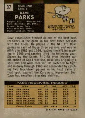 Vintage football card back featuring Dave Parks of the New Orleans Saints from 1971 Topps