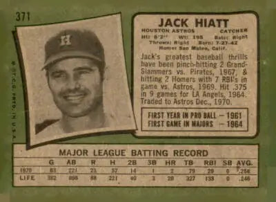 Vintage Jack Hiatt baseball card from 1971 Topps #371 in excellent condition