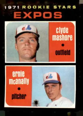1971 Expos rookie stars trading card featuring Clyde Mashore and Ernie McAnally