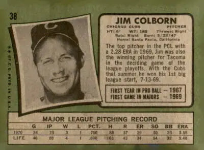 Vintage Jim Colborn baseball card from 1971 Topps #38 featuring Jim Colborn
