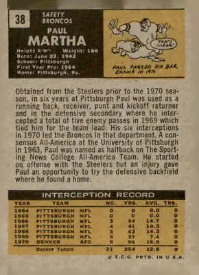 Vintage football card featuring Paul Martha from the Denver Broncos 1971 Topps #38