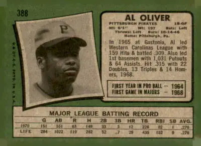 Vintage 1971 Topps #388 Al Oliver trading card featuring Pittsburgh Pirates baseball player