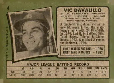 Vintage baseball card featuring Vic Davalillo of the Louis Cardinals from 1971 Topps