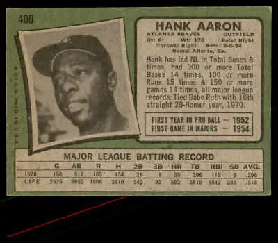 Vintage Hank Aaron baseball trading card from 1971 Topps series featuring Braves player