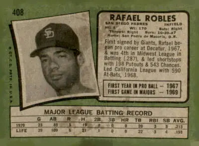 Vintage 1971 Topps Rafael Robles sports trading card featuring San Diego Padres player
