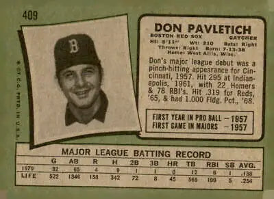 Vintage Don Pavletich trading card featuring 1971 Topps #409 Boston Red Sox player