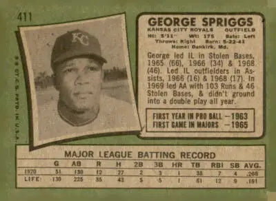 Vintage George Spriggs trading card from the 1971 Topps #411 baseball set